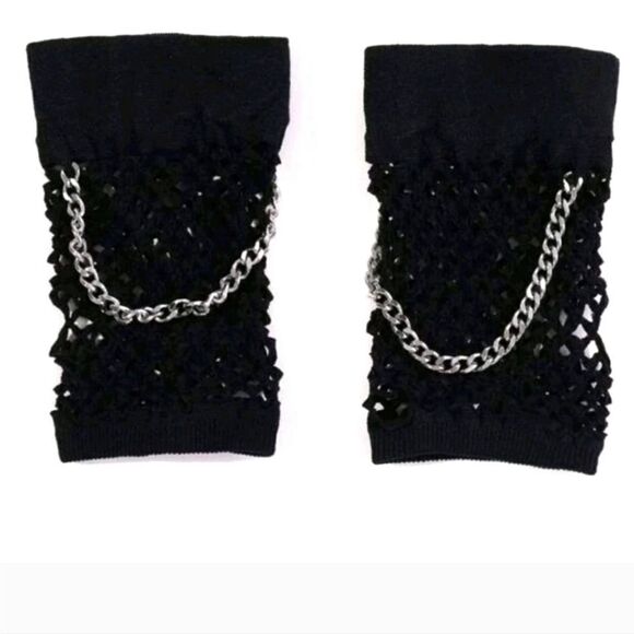 SALE Black Fishnet Knit Chain Design  Fingerless Gloves LAST PAIR - Picture 2 of 6